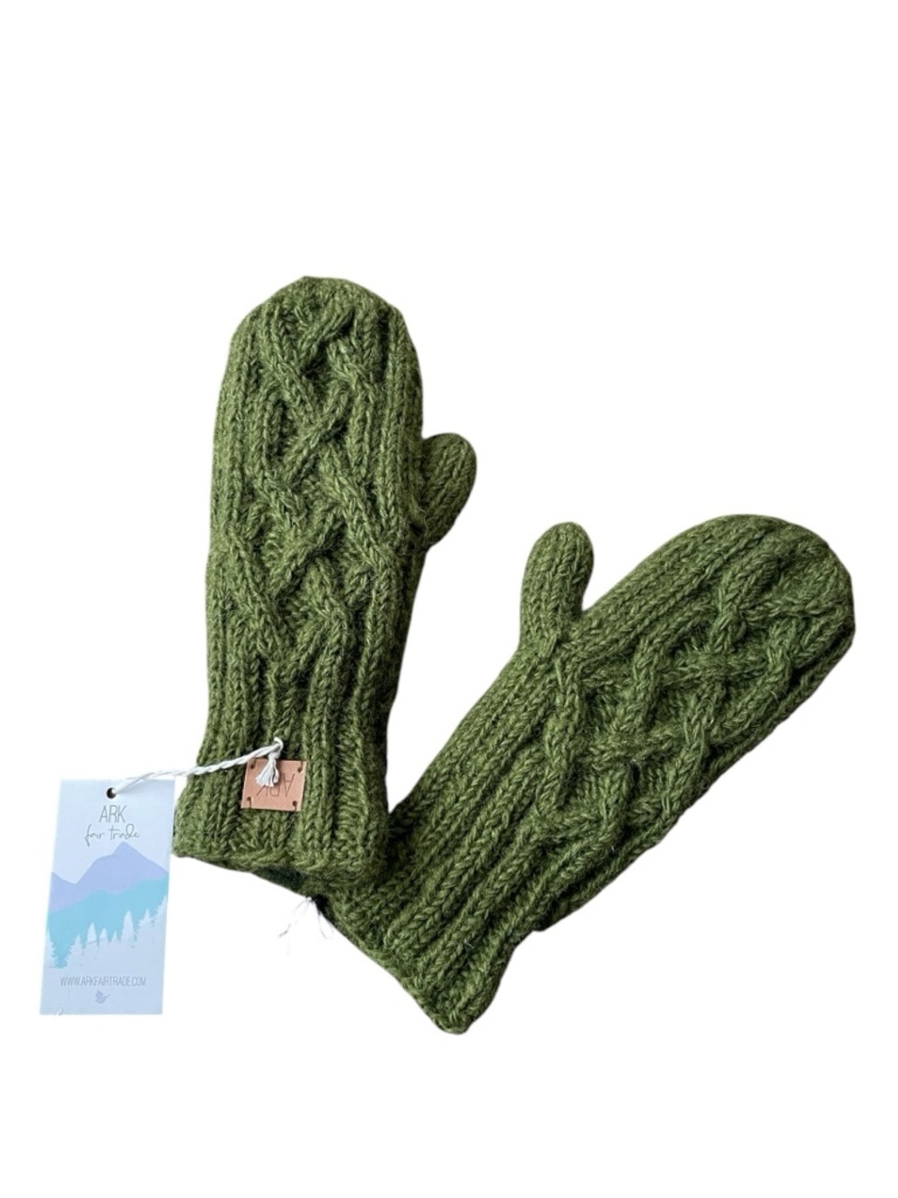 ARK Fair Trade Olive Green Wool Cable Knit Mittens
